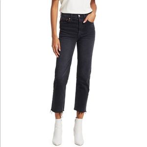 Re/Done Black Denim High-Rise Raw-Hem Stretch 70s Stove Pipe Straight Jeans